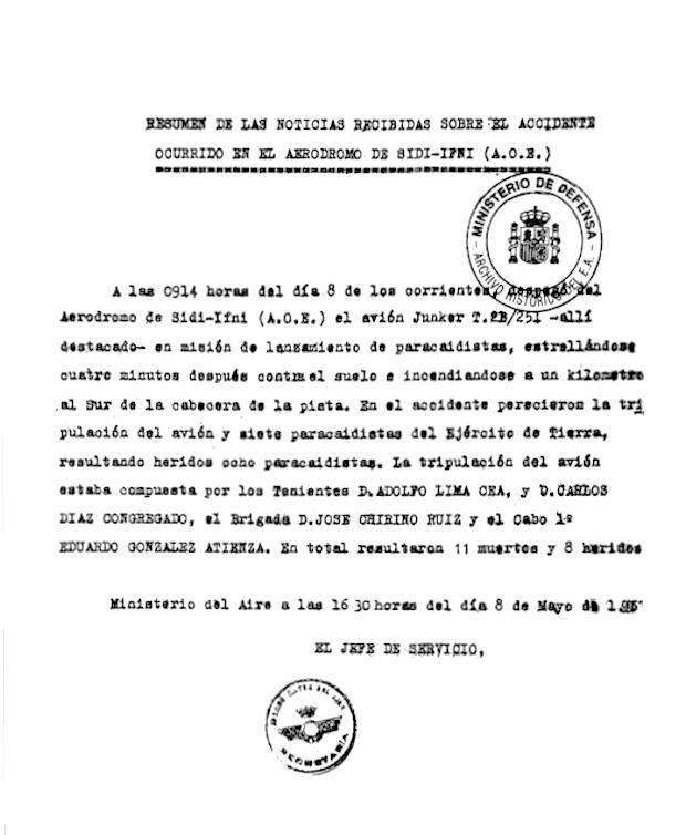 Informe del accidente aéreo en Ifni.