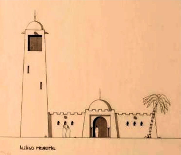 Plano del alzado principal del proyecto de la mezquita de 1963 (AGA, Fondos África, en Meana 2015:289).