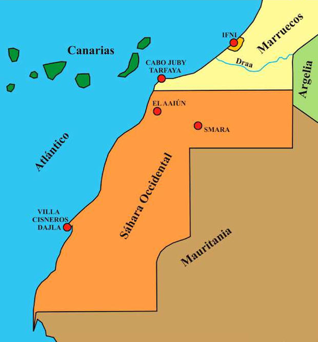 Mapa de Ifni y Sáhara con la ubicación de los lugares citados en el texto (elaboración propia). 