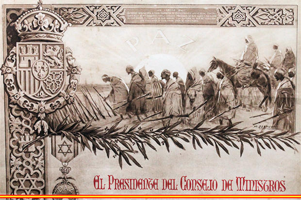 La propaganda sublimada como exponente fraternal del protectorado español en Marruecos y su instrumentalización persistente tanto dentro como fuera de la zona, se convirtió en una constante en la política colonial. Pero por encima de todo, dicha política partía del dominio efectivo de la administración sobre el gobierno majzeniano. En la imagen, detalle del Certificado de Concesión de la Mellada de la Paz de Marruecos. 